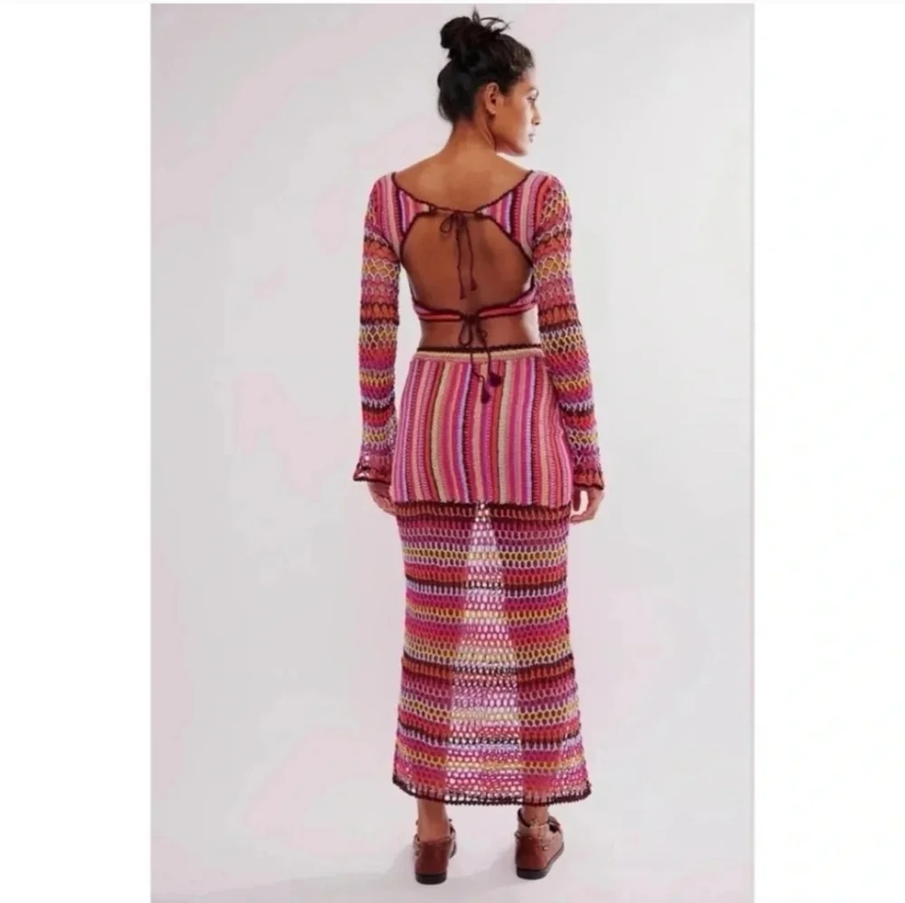 New Free People Multicolor‎ Crochet A-Line Skirt And Top Very Beautiful Set.